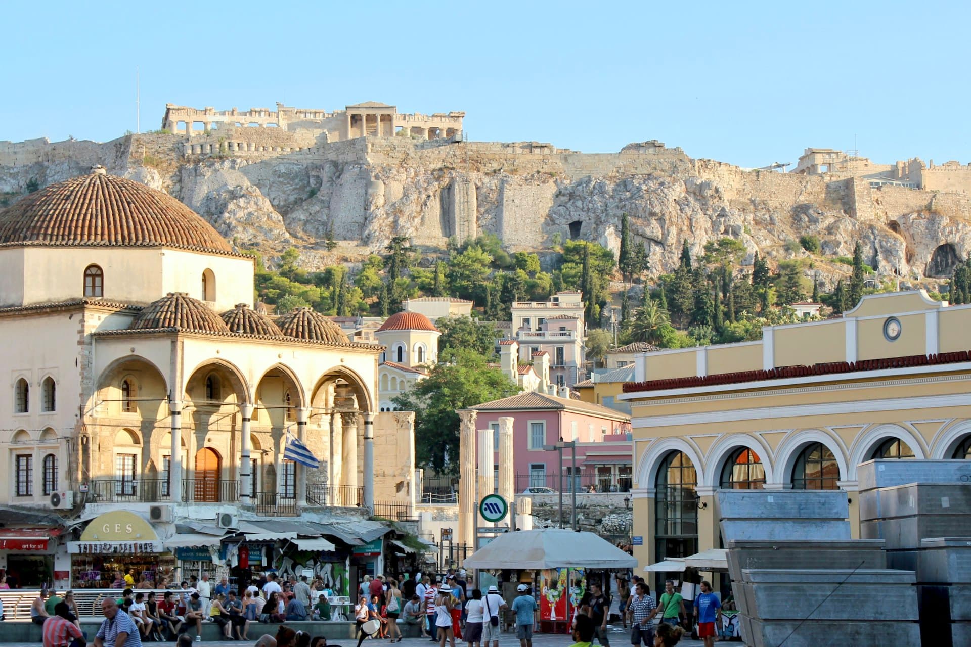 Aerial view over the rooftops of central Athens